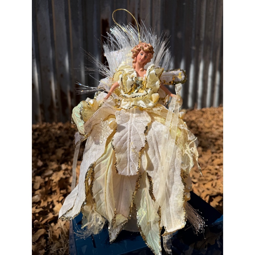 Vintage Fiber Optic Angel Tree Topper Gold Cream Lace Sequin Christmas Ornament